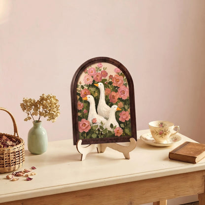 Vintage Goose Garden Wall Art with Arched Wood Frame: White Ducks Among Blooming Pink Roses, Rustic Country Home Decor - Image 6