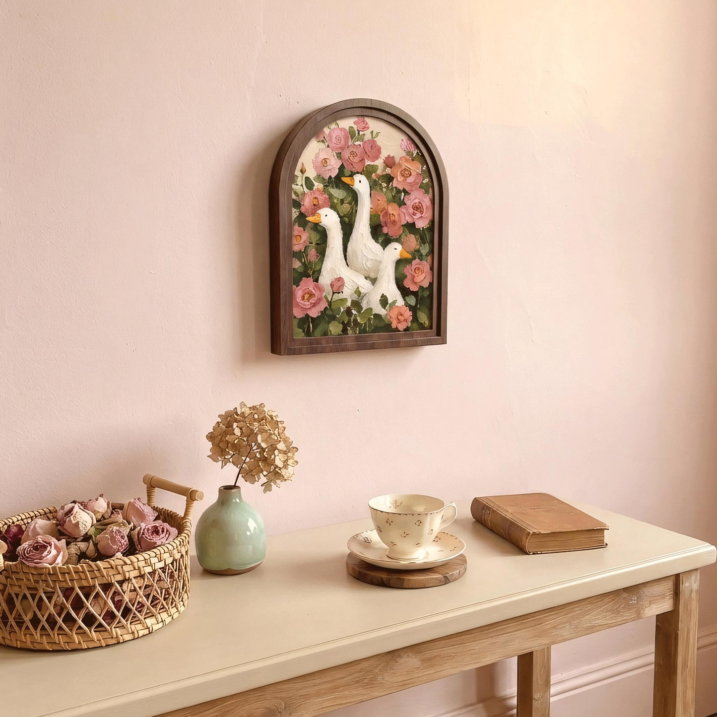Vintage Goose Garden Wall Art with Arched Wood Frame: White Ducks Among Blooming Pink Roses, Rustic Country Home Decor - Image 3
