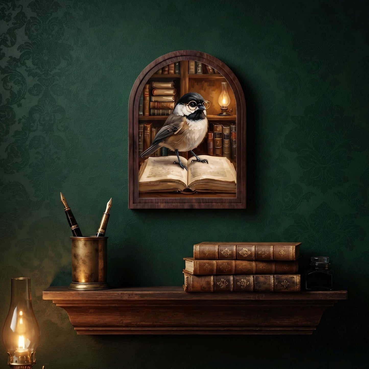 Book Lover Bird Wall Art with Arched Wood Frame, Charming Chickadee Library Painting, Rustic Reading Room Decor, Cozy Cottage Wall Art - Image 3