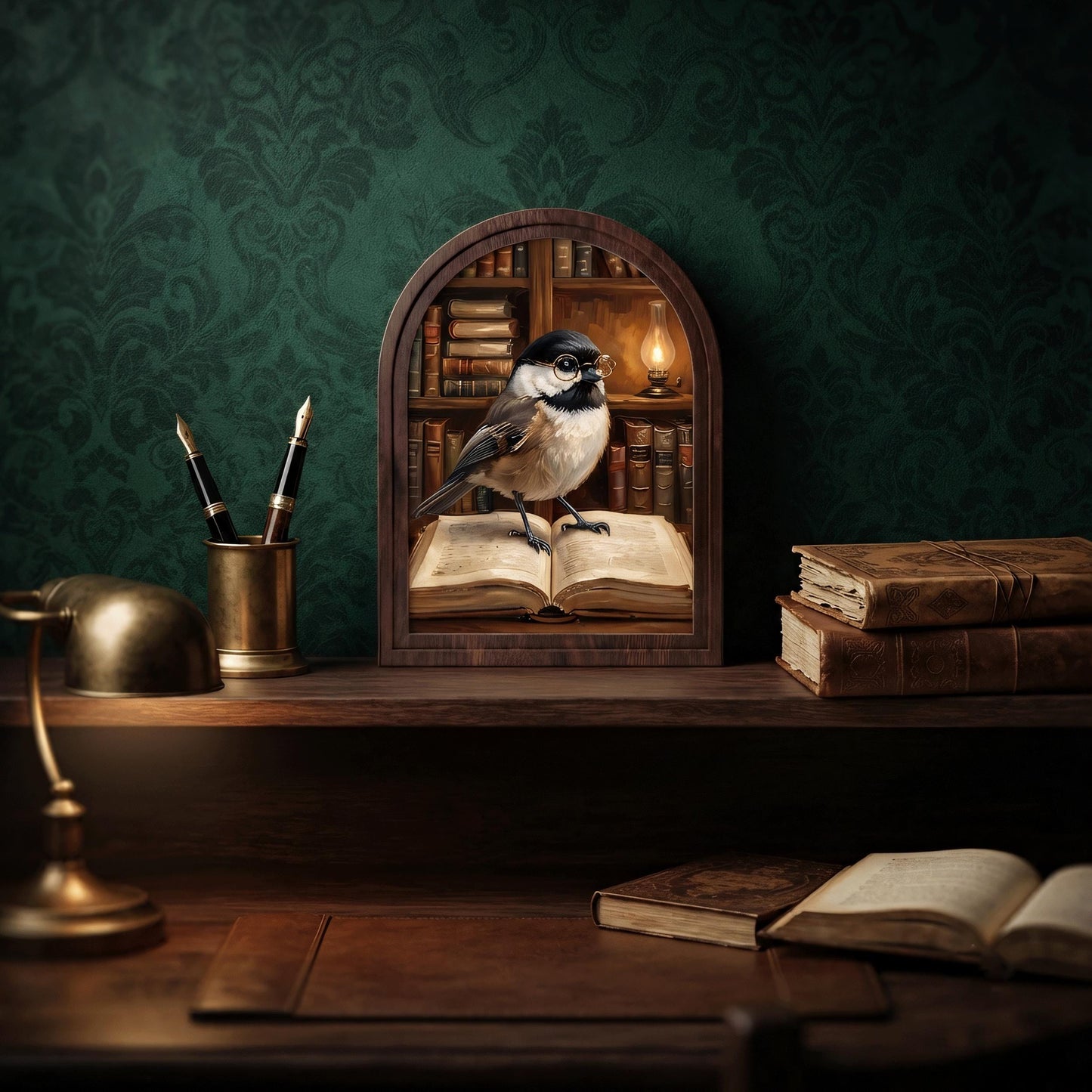 Book Lover Bird Wall Art with Arched Wood Frame, Charming Chickadee Library Painting, Rustic Reading Room Decor, Cozy Cottage Wall Art - Image 5