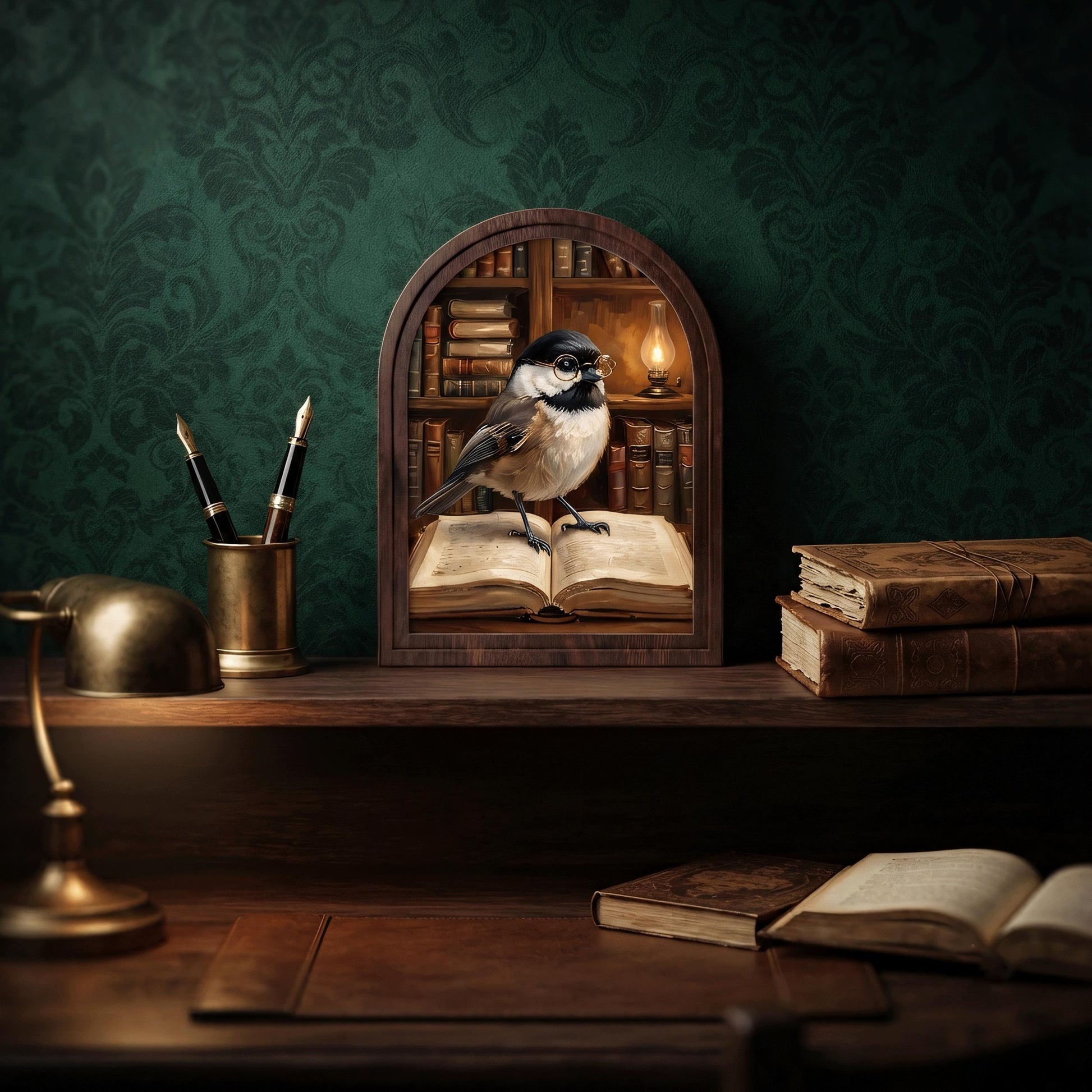 Book Lover Bird Wall Art with Arched Wood Frame, Charming Chickadee Library Painting, Rustic Reading Room Decor, Cozy Cottage Wall Art - Image 5