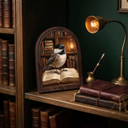 Book Lover Bird Wall Art with Arched Wood Frame, Charming Chickadee Library Painting, Rustic Reading Room Decor, Cozy Cottage Wall Art - Image 4