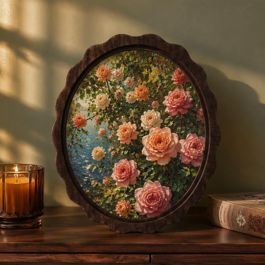 Botanical Rose Wall Art, Wavy Oval Wood Framed Canvas, Vintage Floral Painting, Cottagecore Botanical Decor, Flower Lover Gift - Image 3
