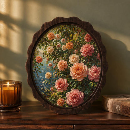 Botanical Rose Wall Art, Wavy Oval Wood Framed Canvas, Vintage Floral Painting, Cottagecore Botanical Decor, Flower Lover Gift - Image 3