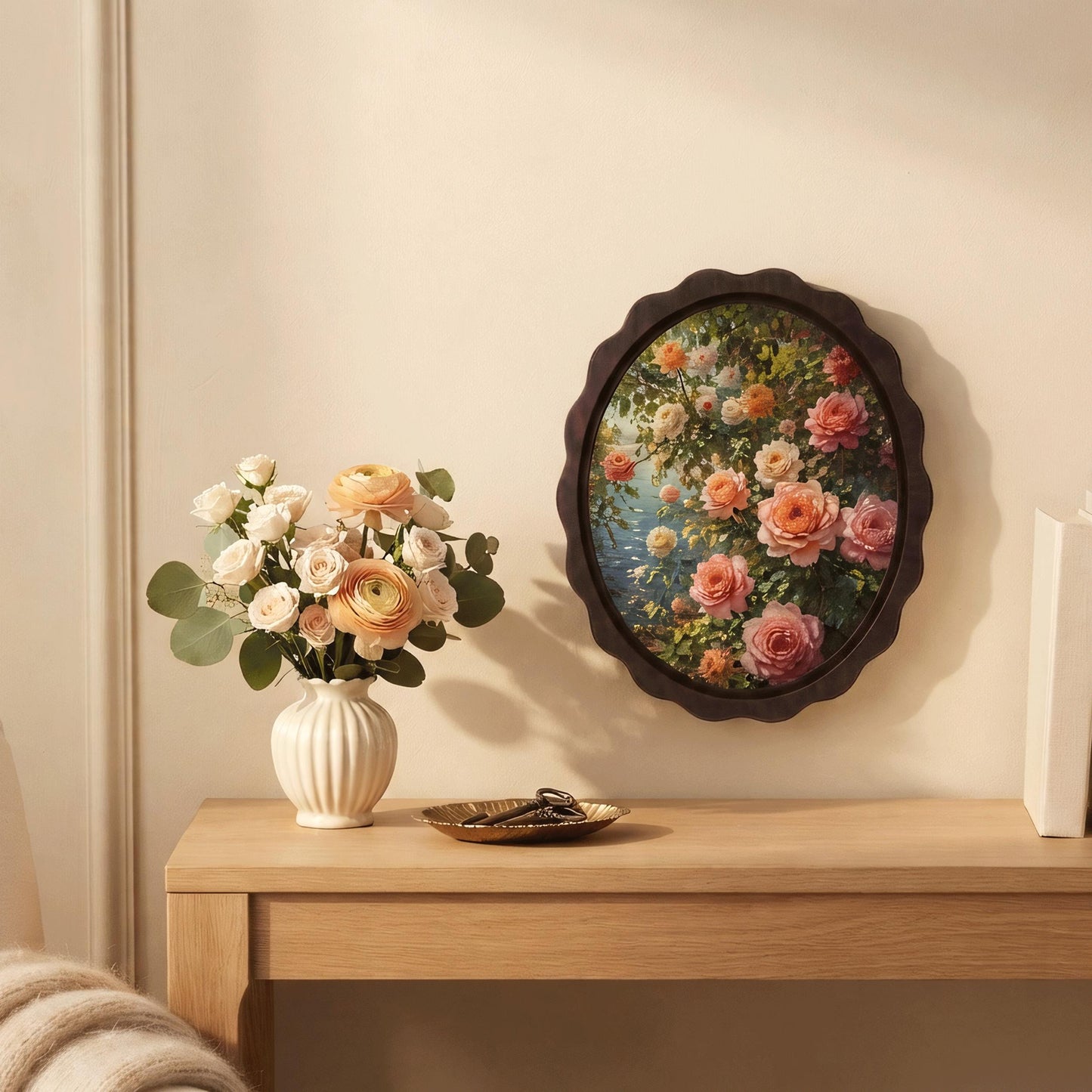 Botanical Rose Wall Art, Wavy Oval Wood Framed Canvas, Vintage Floral Painting, Cottagecore Botanical Decor, Flower Lover Gift - Image 6