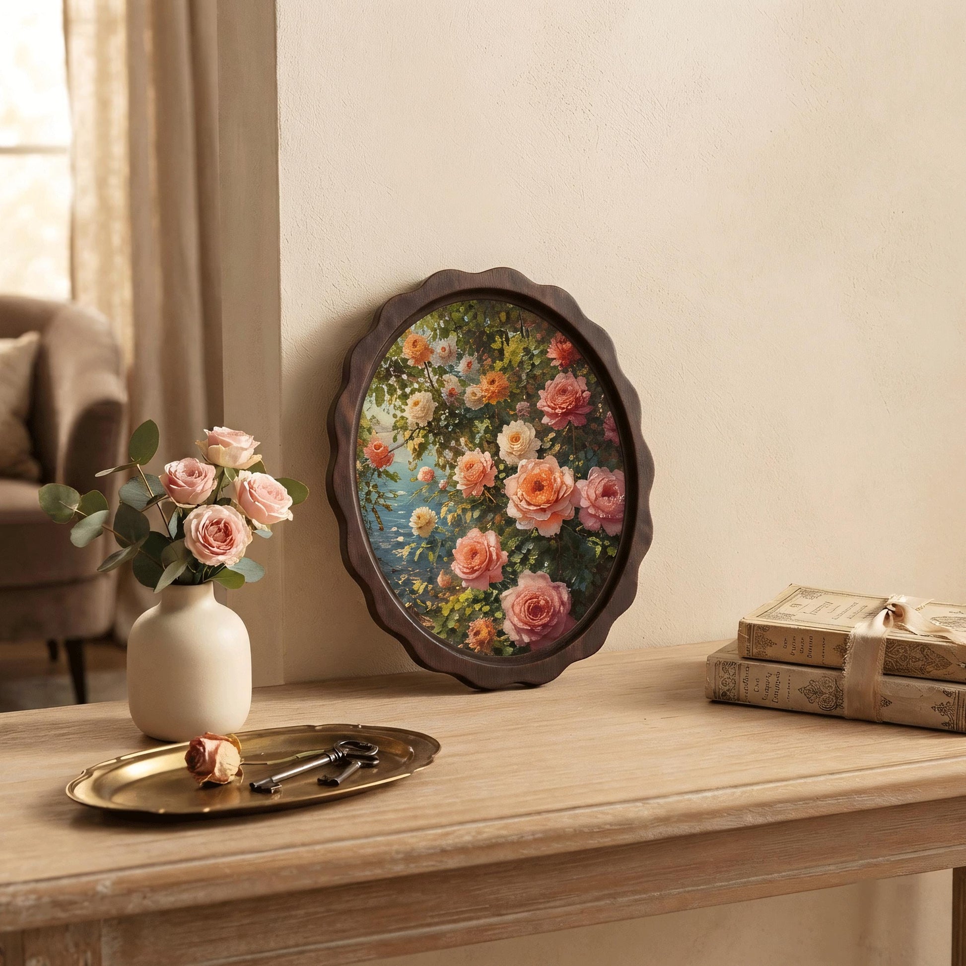 Botanical Rose Wall Art, Wavy Oval Wood Framed Canvas, Vintage Floral Painting, Cottagecore Botanical Decor, Flower Lover Gift - Image 5
