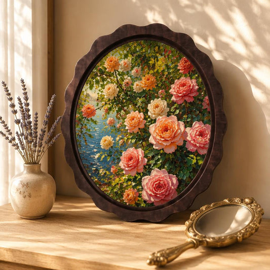 Botanical Rose Wall Art, Wavy Oval Wood Framed Canvas, Vintage Floral Painting, Cottagecore Botanical Decor, Flower Lover Gift - Image 1