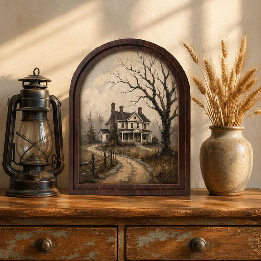 Moody Victorian House Wall Art, Rustic Country Cottage Landscape, Arched Wood Frame, Vintage Farmhouse Decor, Gothic Home Accent - Image 2