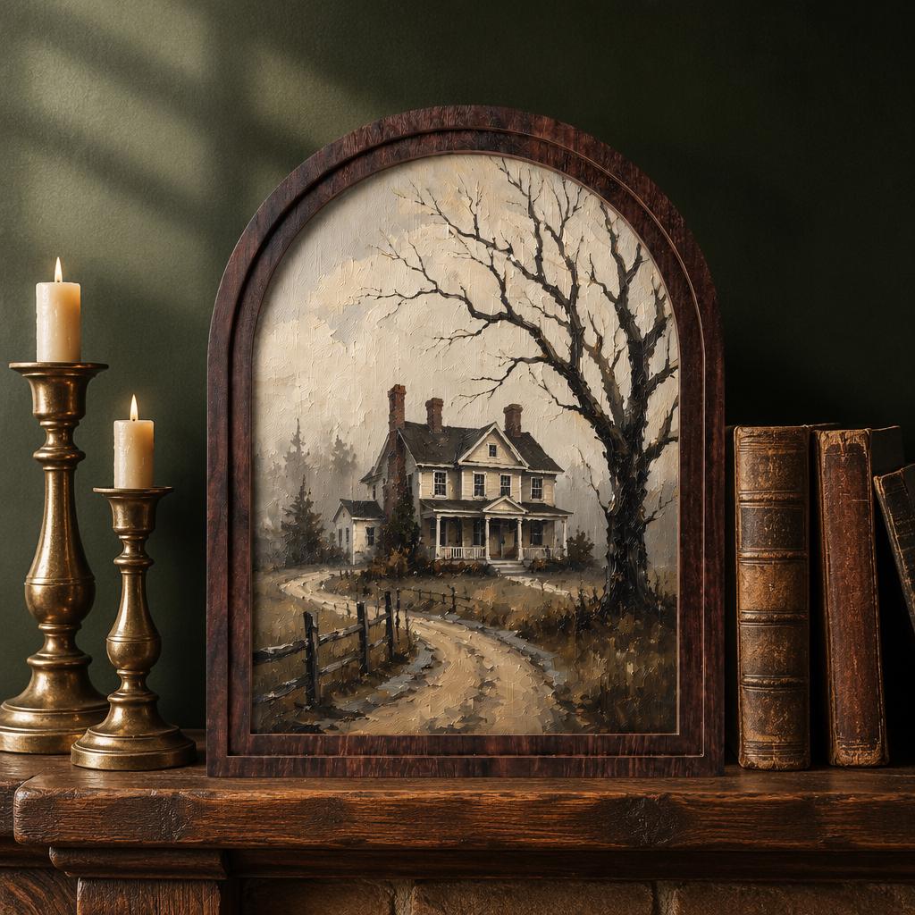 Moody Victorian House Wall Art, Rustic Country Cottage Landscape, Arched Wood Frame, Vintage Farmhouse Decor, Gothic Home Accent - Image 1