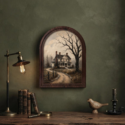 Moody Victorian House Wall Art, Rustic Country Cottage Landscape, Arched Wood Frame, Vintage Farmhouse Decor, Gothic Home Accent - Image 4