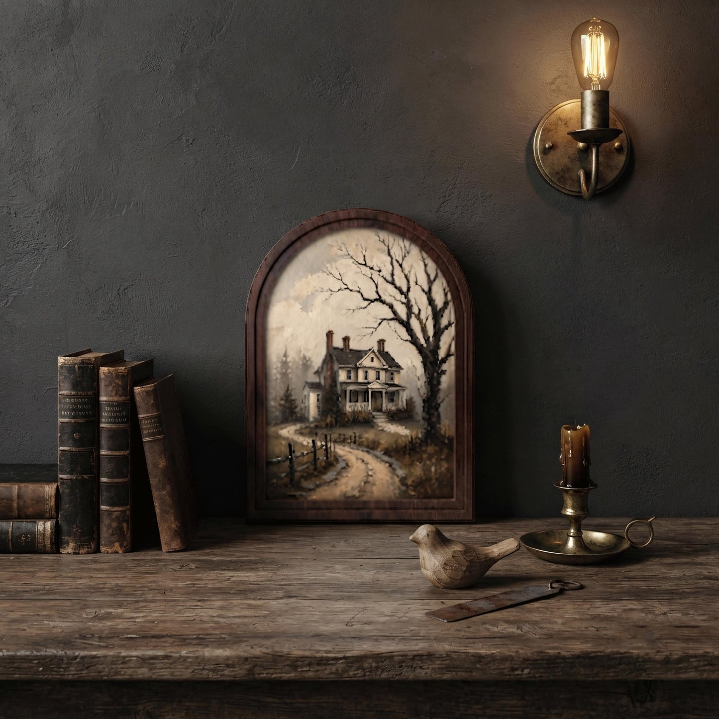 Moody Victorian House Wall Art, Rustic Country Cottage Landscape, Arched Wood Frame, Vintage Farmhouse Decor, Gothic Home Accent - Image 6