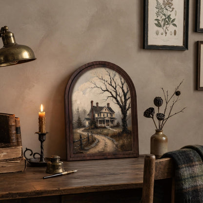 Moody Victorian House Wall Art, Rustic Country Cottage Landscape, Arched Wood Frame, Vintage Farmhouse Decor, Gothic Home Accent - Image 5