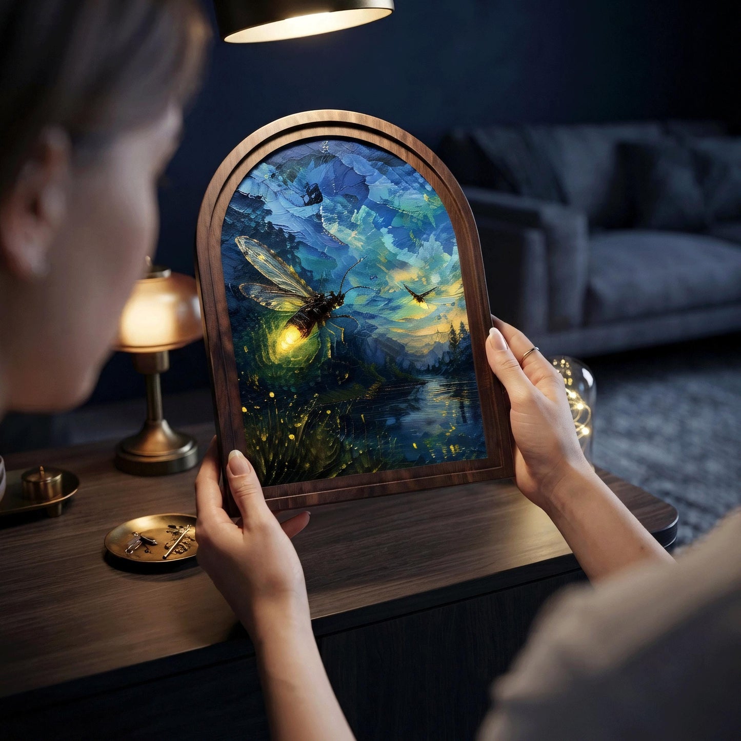 Glowing Firefly Wall Art in Arched Wood Frame, Enchanted Night Landscape Artwork, Cabin Decor, Nature Wall Decor, Gift for Nature Lovers - Image 3