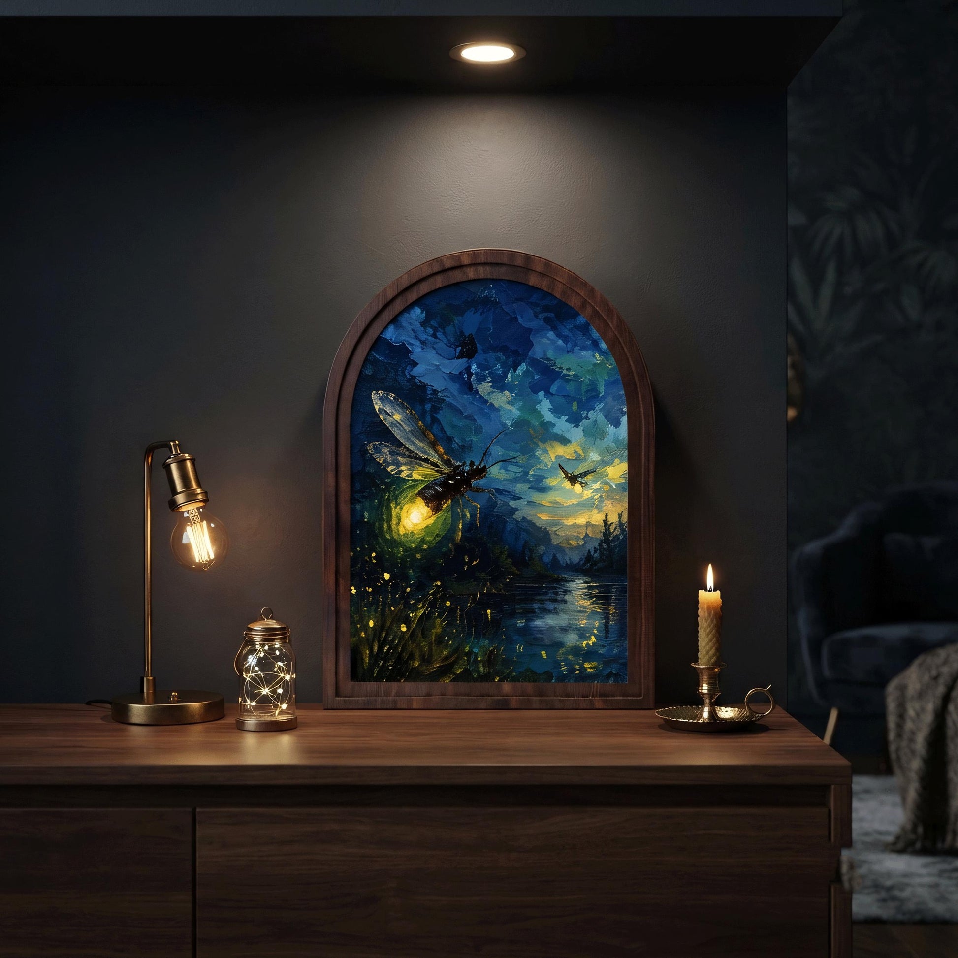 Glowing Firefly Wall Art in Arched Wood Frame, Enchanted Night Landscape Artwork, Cabin Decor, Nature Wall Decor, Gift for Nature Lovers - Image 5
