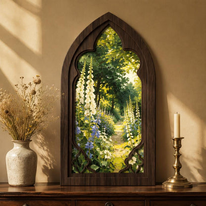 Cottage Garden Wall Art, Arched Wooden Frame, Foxglove Flower Landscape, Vintage Botanical Decor, Rustic Home Art, Nature Gift - Image 1
