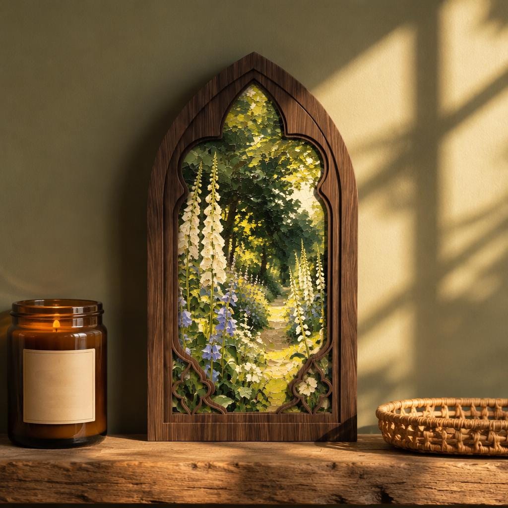 Cottage Garden Wall Art, Arched Wooden Frame, Foxglove Flower Landscape, Vintage Botanical Decor, Rustic Home Art, Nature Gift - Image 4