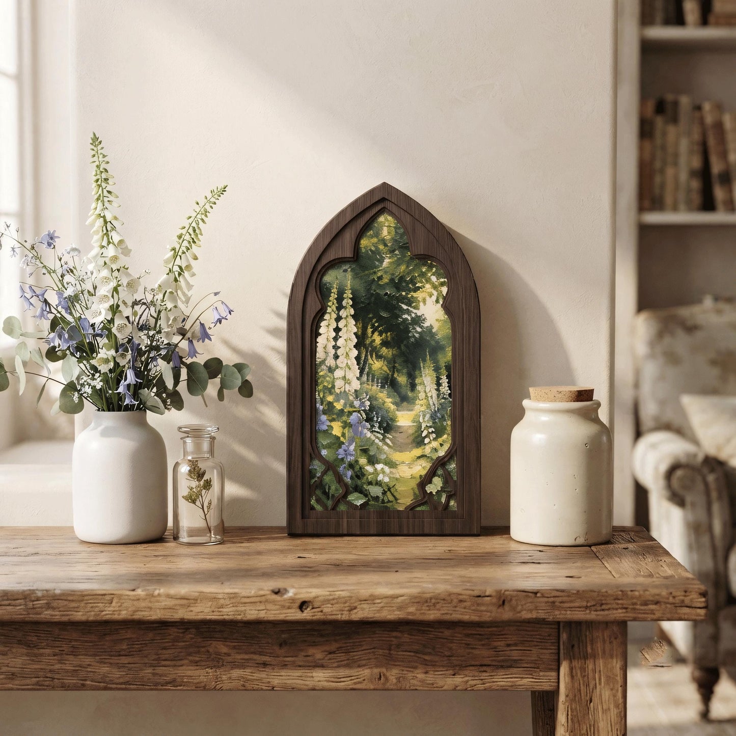 Cottage Garden Wall Art, Arched Wooden Frame, Foxglove Flower Landscape, Vintage Botanical Decor, Rustic Home Art, Nature Gift - Image 2