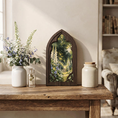 Cottage Garden Wall Art, Arched Wooden Frame, Foxglove Flower Landscape, Vintage Botanical Decor, Rustic Home Art, Nature Gift - Image 2