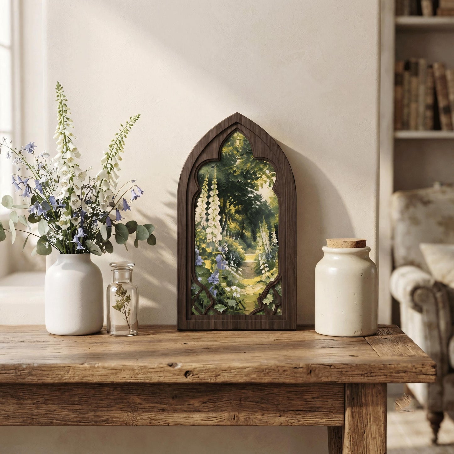 Cottage Garden Wall Art, Arched Wooden Frame, Foxglove Flower Landscape, Vintage Botanical Decor, Rustic Home Art, Nature Gift - Image 3