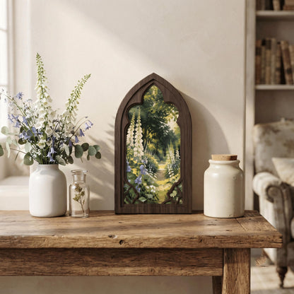 Cottage Garden Wall Art, Arched Wooden Frame, Foxglove Flower Landscape, Vintage Botanical Decor, Rustic Home Art, Nature Gift - Image 3