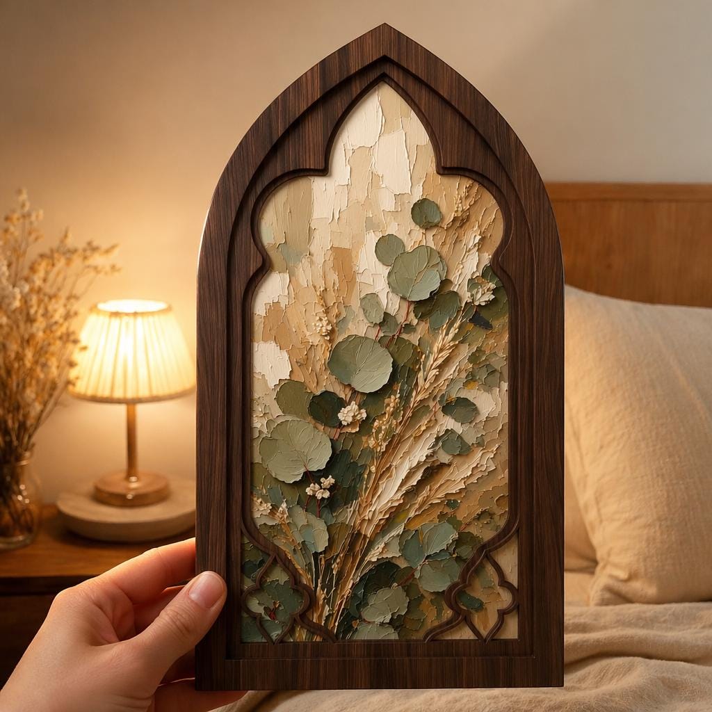Eucalyptus Botanical Wall Art, Gothic Window Wood Frame, Neutral Nature Canvas, Rustic Farmhouse Decor, Minimalist Home Wall Art - Image 3