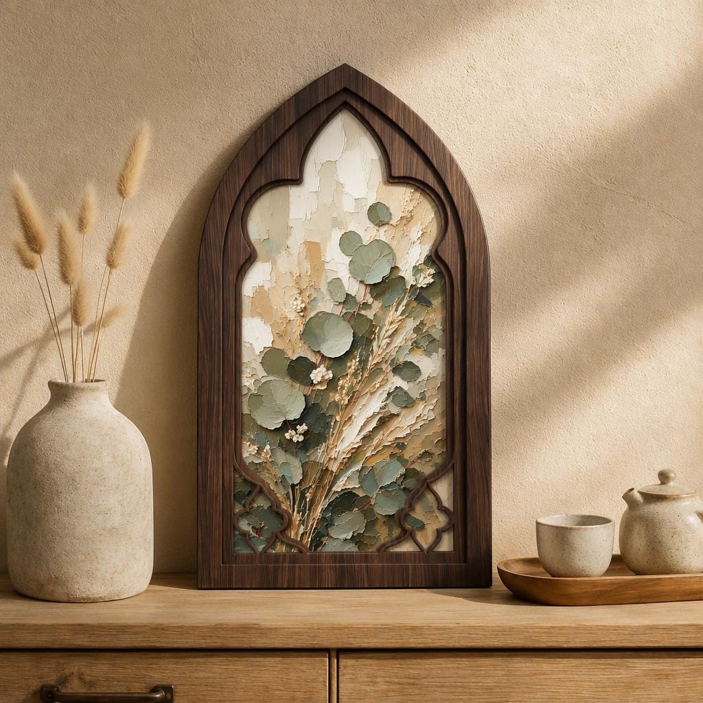 Eucalyptus Botanical Wall Art, Gothic Window Wood Frame, Neutral Nature Canvas, Rustic Farmhouse Decor, Minimalist Home Wall Art - Image 1