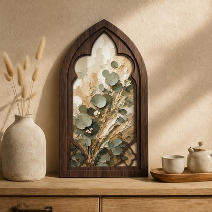 Eucalyptus Botanical Wall Art, Gothic Window Wood Frame, Neutral Nature Canvas, Rustic Farmhouse Decor, Minimalist Home Wall Art - Image 1