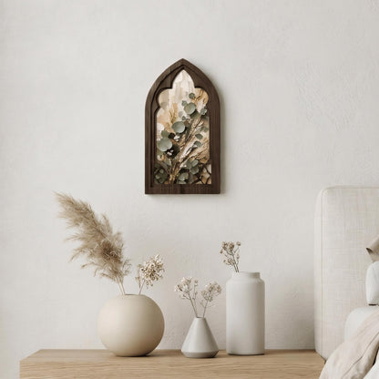 Eucalyptus Botanical Wall Art, Gothic Window Wood Frame, Neutral Nature Canvas, Rustic Farmhouse Decor, Minimalist Home Wall Art - Image 5