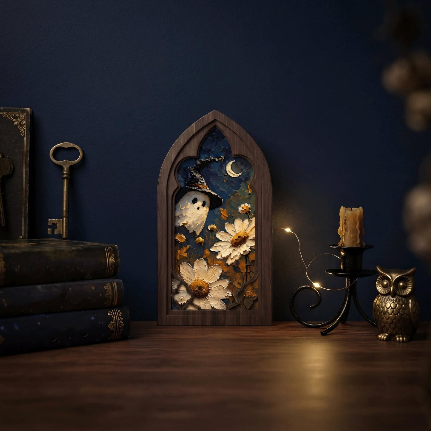 Ghost in Daisy Garden Wall Art, Arched Window Wooden Frame, Whimsical Halloween Canvas, Moonlit Botanical Decor, Fall Gift - Image 5