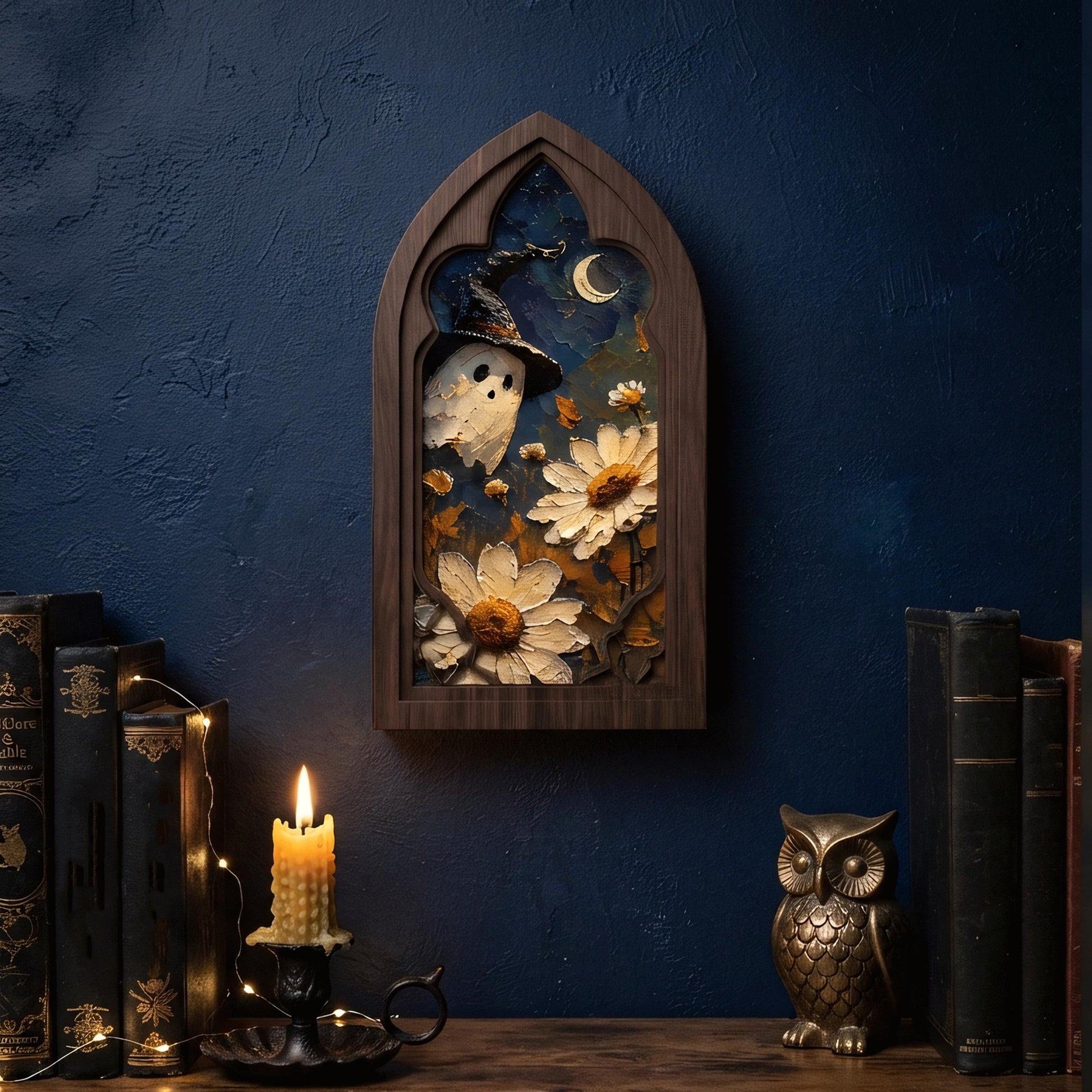 Ghost in Daisy Garden Wall Art, Arched Window Wooden Frame, Whimsical Halloween Canvas, Moonlit Botanical Decor, Fall Gift - Image 4