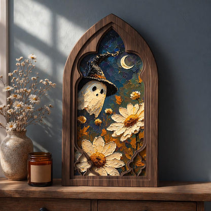 Ghost in Daisy Garden Wall Art, Arched Window Wooden Frame, Whimsical Halloween Canvas, Moonlit Botanical Decor, Fall Gift - Image 1