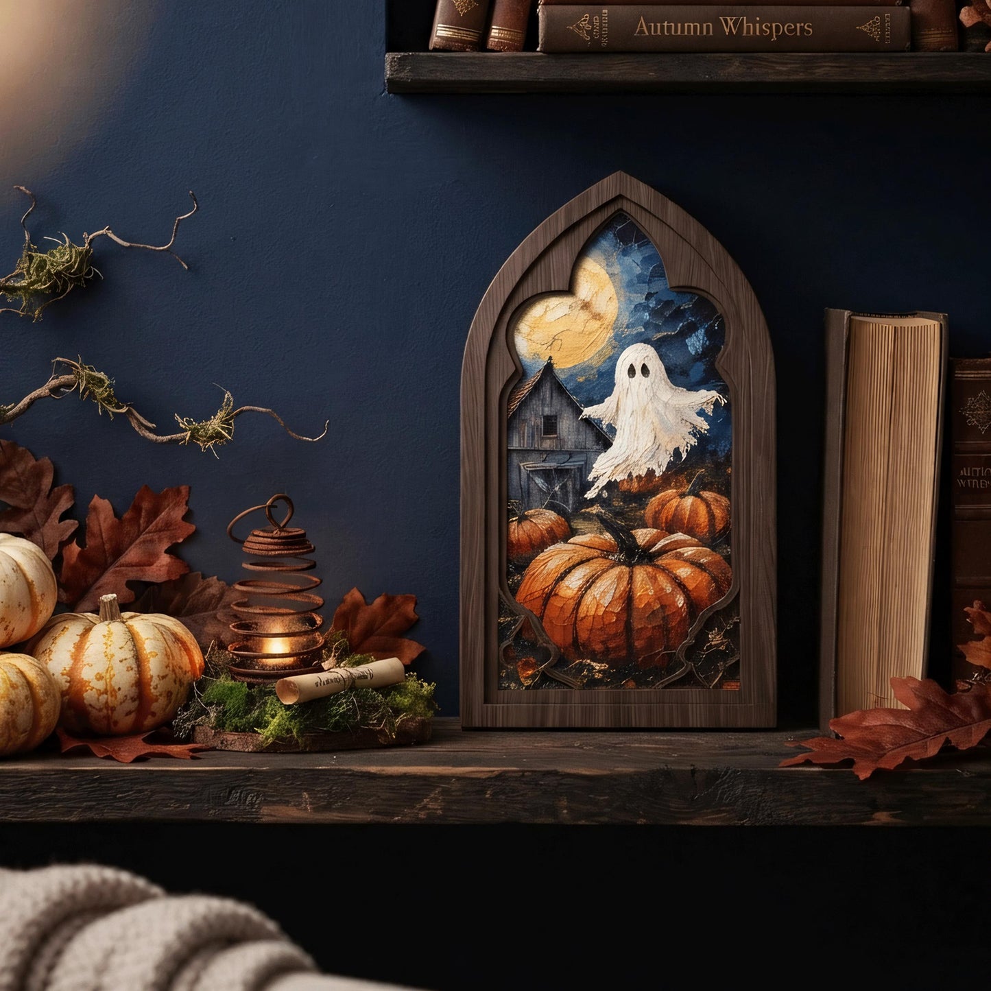 Halloween Ghost Wall Art, Arched Window Wood Frame, Moonlit Pumpkin Patch Canvas, Haunted Farmhouse Decor, Spooky Fall Home Gift - Image 3
