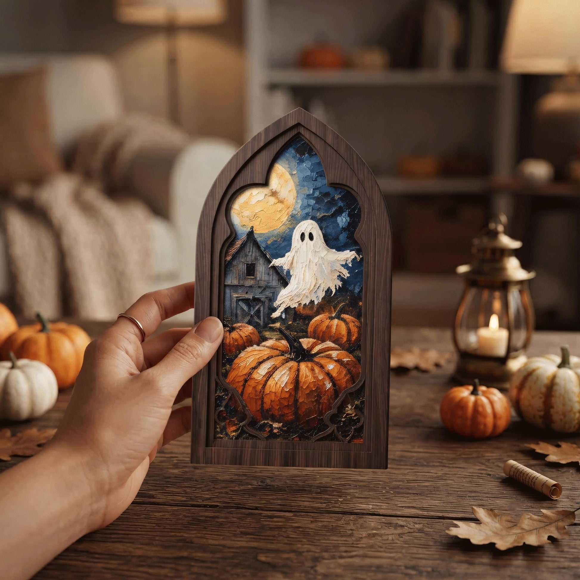 Halloween Ghost Wall Art, Arched Window Wood Frame, Moonlit Pumpkin Patch Canvas, Haunted Farmhouse Decor, Spooky Fall Home Gift - Image 2