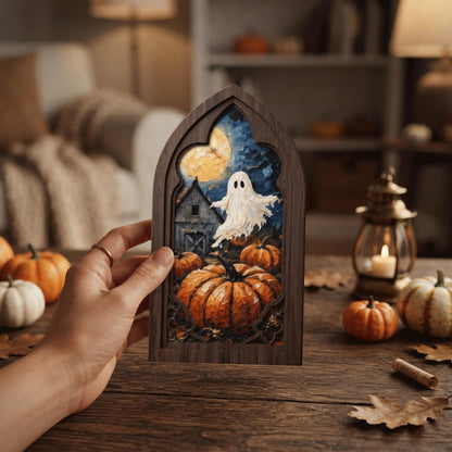 Halloween Ghost Wall Art, Arched Window Wood Frame, Moonlit Pumpkin Patch Canvas, Haunted Farmhouse Decor, Spooky Fall Home Gift - Image 2