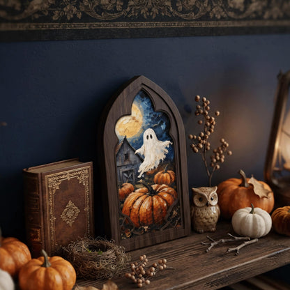 Halloween Ghost Wall Art, Arched Window Wood Frame, Moonlit Pumpkin Patch Canvas, Haunted Farmhouse Decor, Spooky Fall Home Gift - Image 4