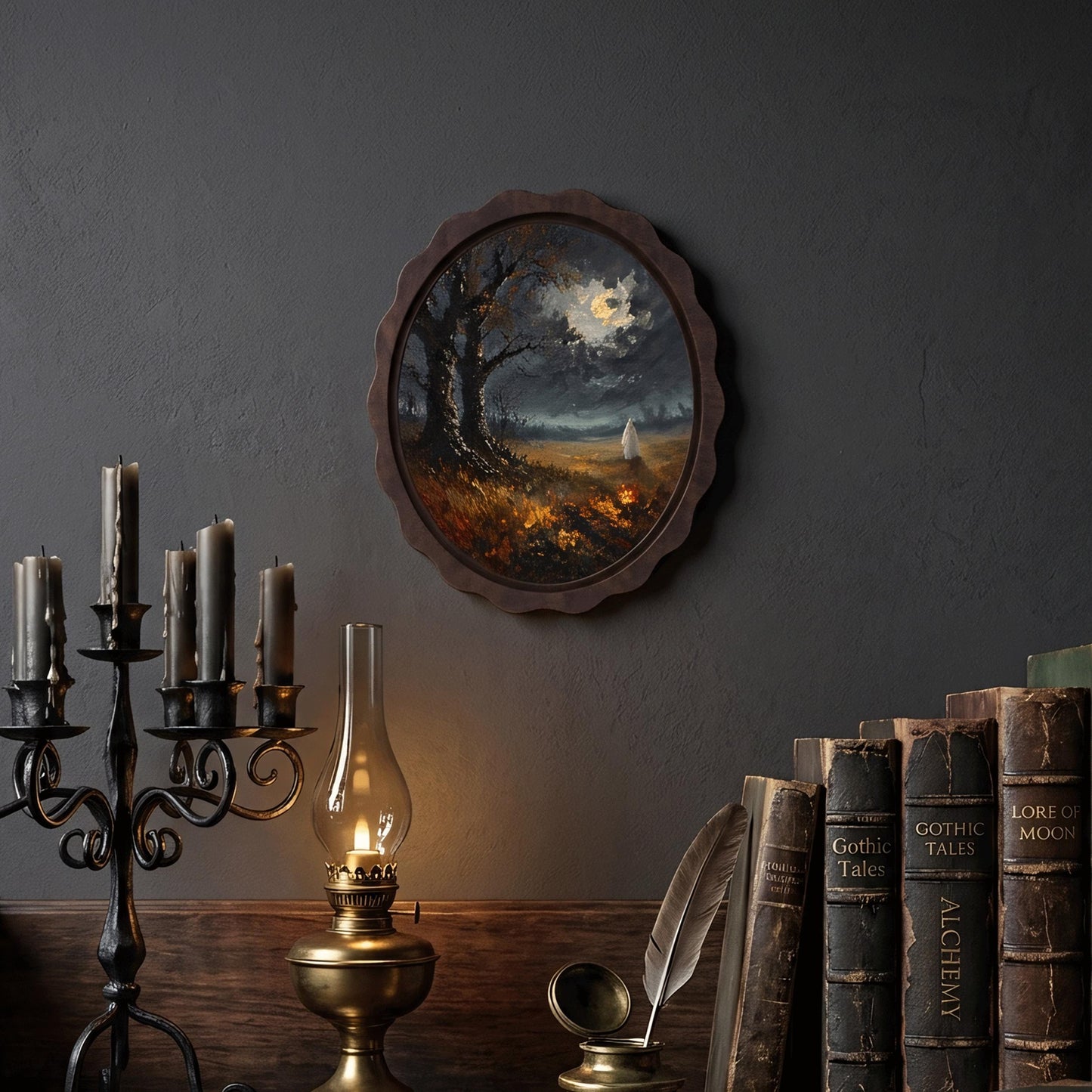 Halloween Moonlit Landscape Wall Art, Wavy Oval Wood Frame, Ghost & Pumpkin Night Painting, Moody Fall Decor, Gothic Cottagecore Gift - Image 4