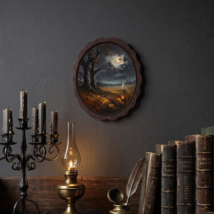 Halloween Moonlit Landscape Wall Art, Wavy Oval Wood Frame, Ghost & Pumpkin Night Painting, Moody Fall Decor, Gothic Cottagecore Gift - Image 4