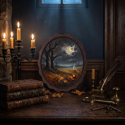Halloween Moonlit Landscape Wall Art, Wavy Oval Wood Frame, Ghost & Pumpkin Night Painting, Moody Fall Decor, Gothic Cottagecore Gift - Image 5