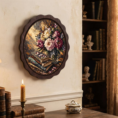Floral Book Wall Art, Wavy Oval Wood Frame, Vintage Books & Peony Bouquet Canvas, Cottagecore Botanical Decor, Book Lover Gift - Image 5