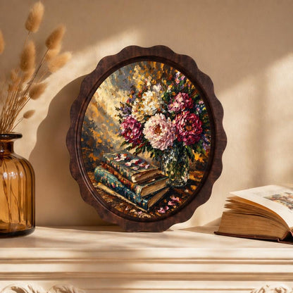 Floral Book Wall Art, Wavy Oval Wood Frame, Vintage Books & Peony Bouquet Canvas, Cottagecore Botanical Decor, Book Lover Gift - Image 2