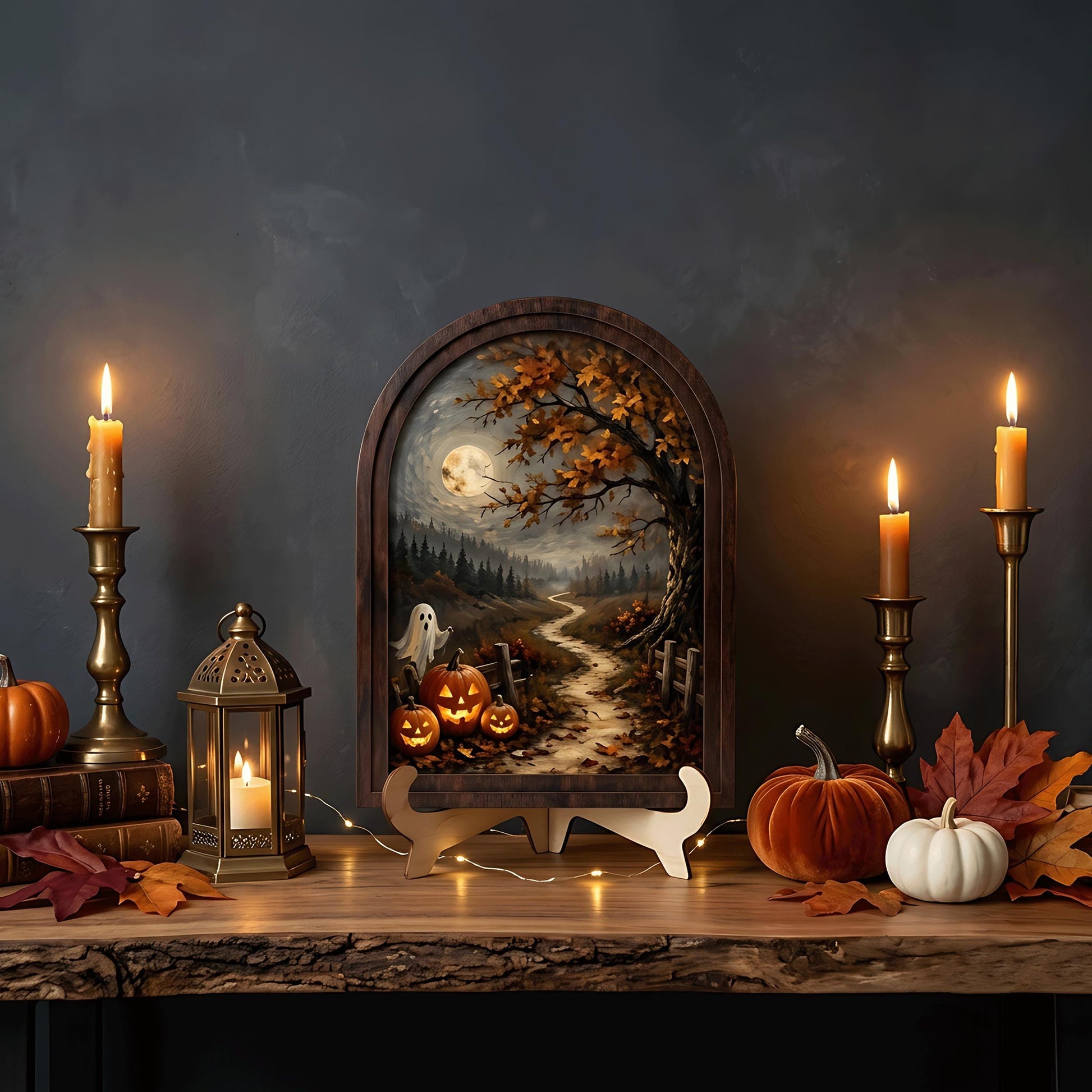 Halloween Moonlit Wall Art, Arched Wood Frame Canvas, Vintage Pumpkin & Ghost Landscape, Spooky Farmhouse Decor, Gothic Fall Wall Art - Image 6