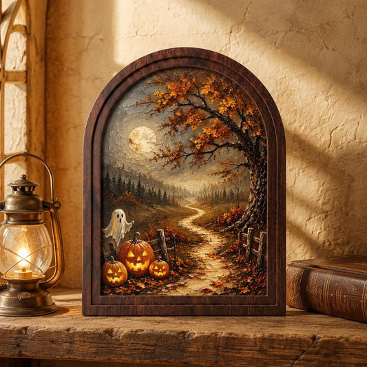 Halloween Moonlit Wall Art, Arched Wood Frame Canvas, Vintage Pumpkin & Ghost Landscape, Spooky Farmhouse Decor, Gothic Fall Wall Art - Image 2