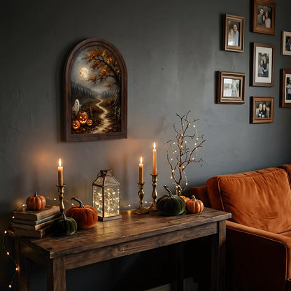 Halloween Moonlit Wall Art, Arched Wood Frame Canvas, Vintage Pumpkin & Ghost Landscape, Spooky Farmhouse Decor, Gothic Fall Wall Art - Image 4