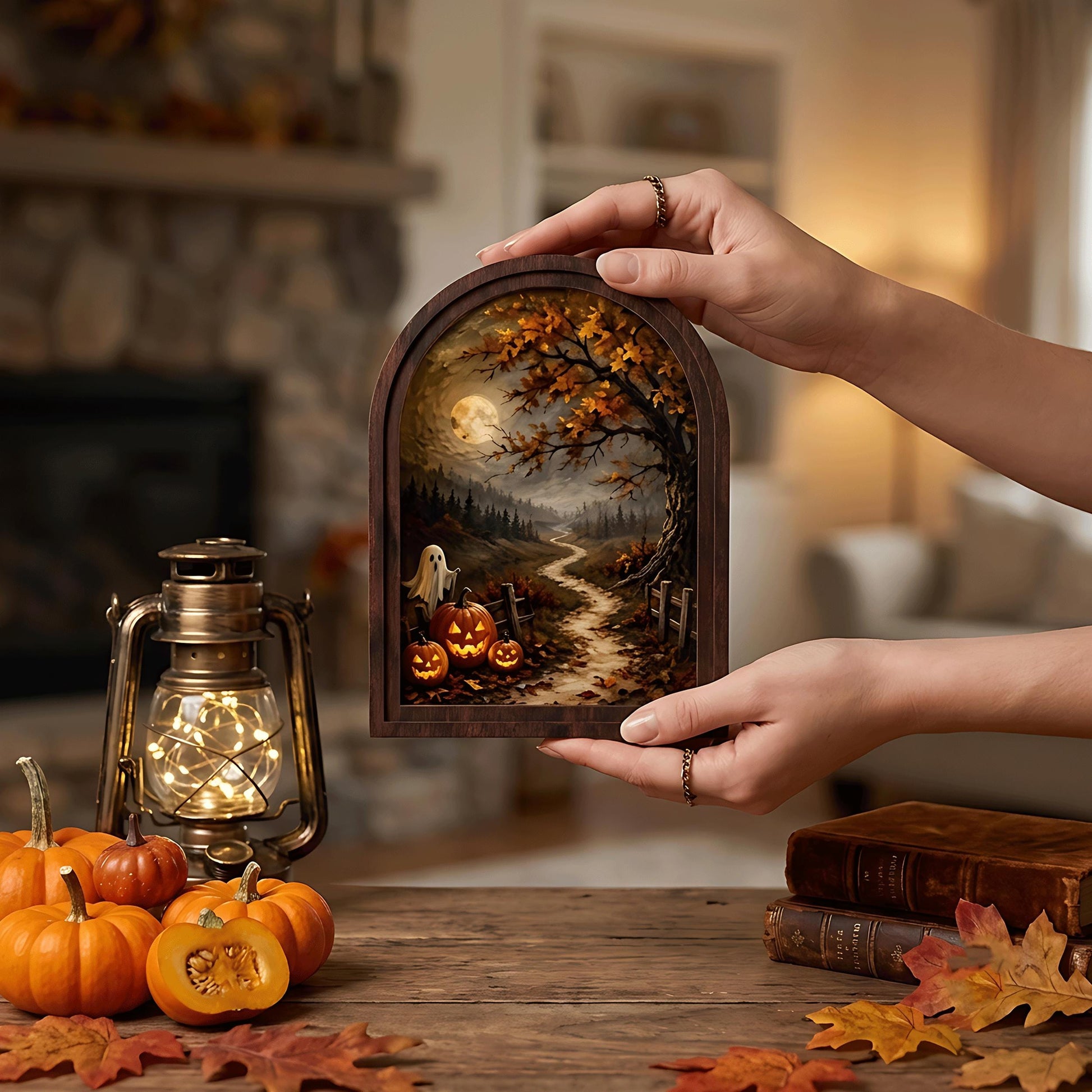Halloween Moonlit Wall Art, Arched Wood Frame Canvas, Vintage Pumpkin & Ghost Landscape, Spooky Farmhouse Decor, Gothic Fall Wall Art - Image 3