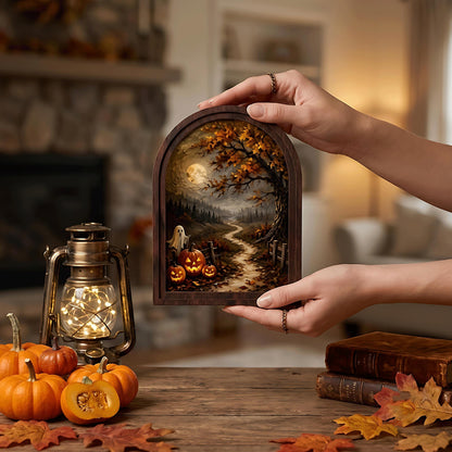 Halloween Moonlit Wall Art, Arched Wood Frame Canvas, Vintage Pumpkin & Ghost Landscape, Spooky Farmhouse Decor, Gothic Fall Wall Art - Image 3