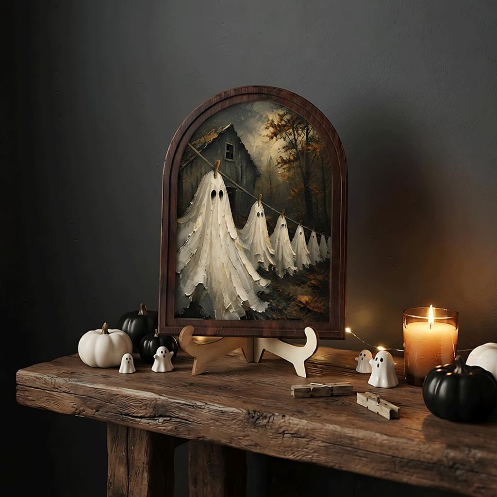 Ghost Laundry Wall Art, Arched Wood Frame Canvas, Vintage Haunted Farmhouse Decor, Rustic Halloween Wall Art, Spooky Cottage Home Decor - Image 7