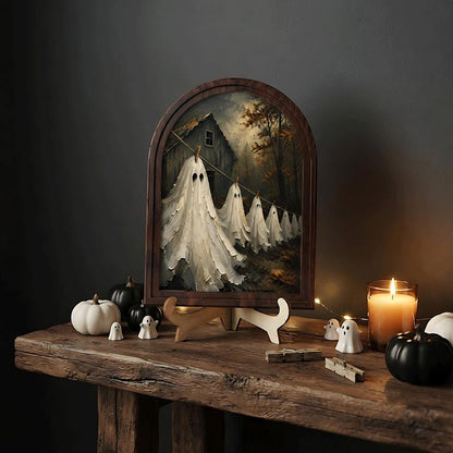 Ghost Laundry Wall Art, Arched Wood Frame Canvas, Vintage Haunted Farmhouse Decor, Rustic Halloween Wall Art, Spooky Cottage Home Decor - Image 7