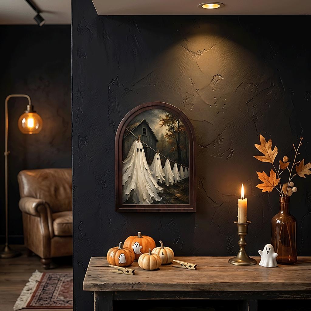 Ghost Laundry Wall Art, Arched Wood Frame Canvas, Vintage Haunted Farmhouse Decor, Rustic Halloween Wall Art, Spooky Cottage Home Decor - Image 5