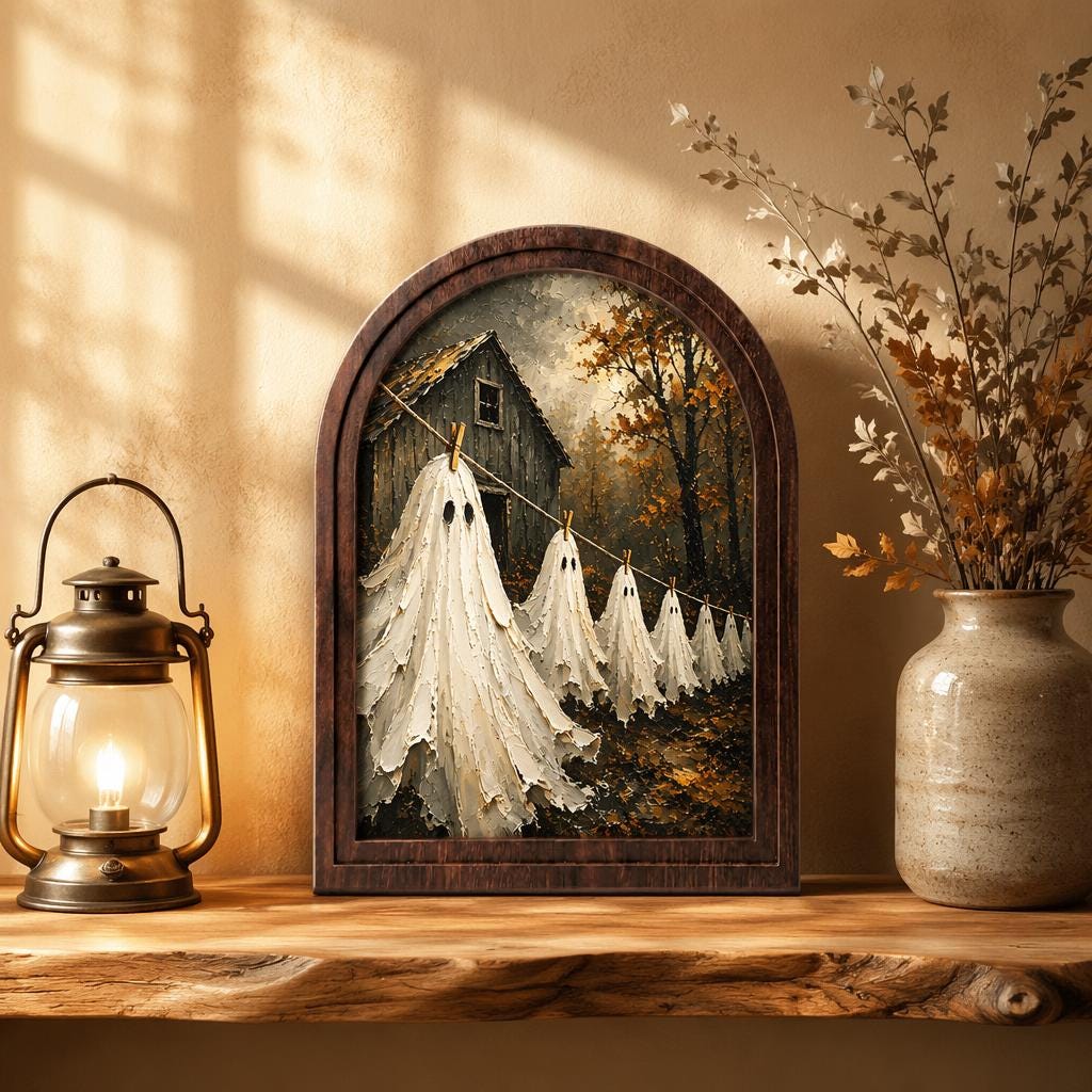 Ghost Laundry Wall Art, Arched Wood Frame Canvas, Vintage Haunted Farmhouse Decor, Rustic Halloween Wall Art, Spooky Cottage Home Decor - Image 2