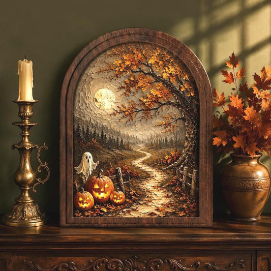 Halloween Moonlit Wall Art, Arched Wood Frame Canvas, Vintage Pumpkin & Ghost Landscape, Spooky Farmhouse Decor, Gothic Fall Wall Art - Image 1